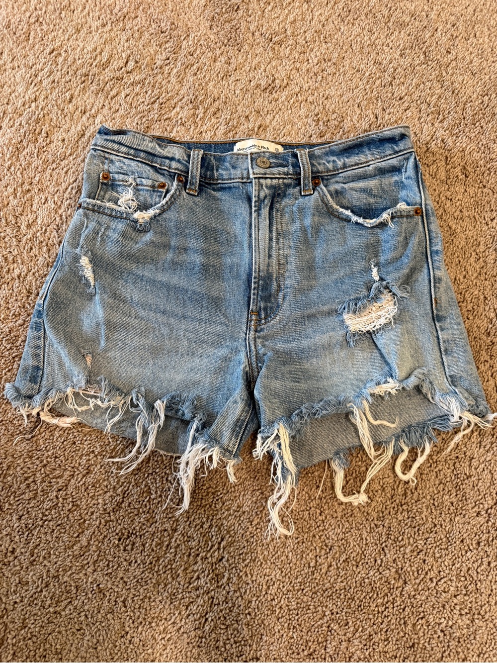 Abercrombie & Fitch high rise 4in Light Blue distressed Ripped Denim Shorts